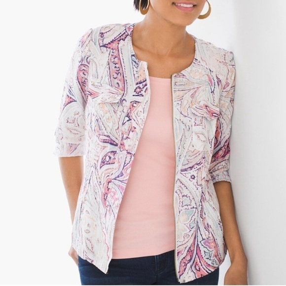 Chico’s Cream Pink Blue Linen Zip-up Jacket 3/4 Length Sleeves - Picture 1 of 10